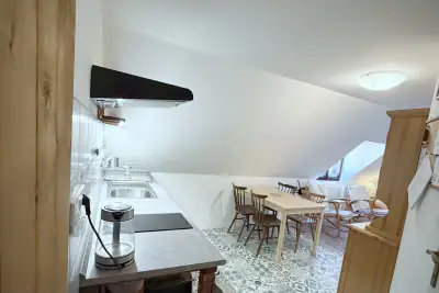 Kuchyňská linka s pohledem k jídelnímu stolu
